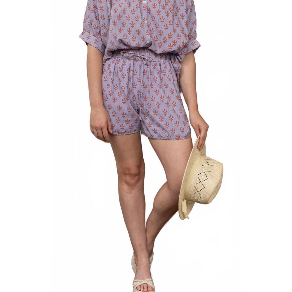 NEW EXVOTO blockprint aiden pull-on short in lavender/ginger